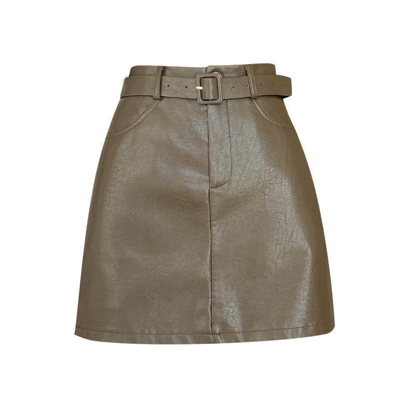 Jupe trapèze en similicuir style rétro américain avec ceinture - Jupe courte noire, marron, grise