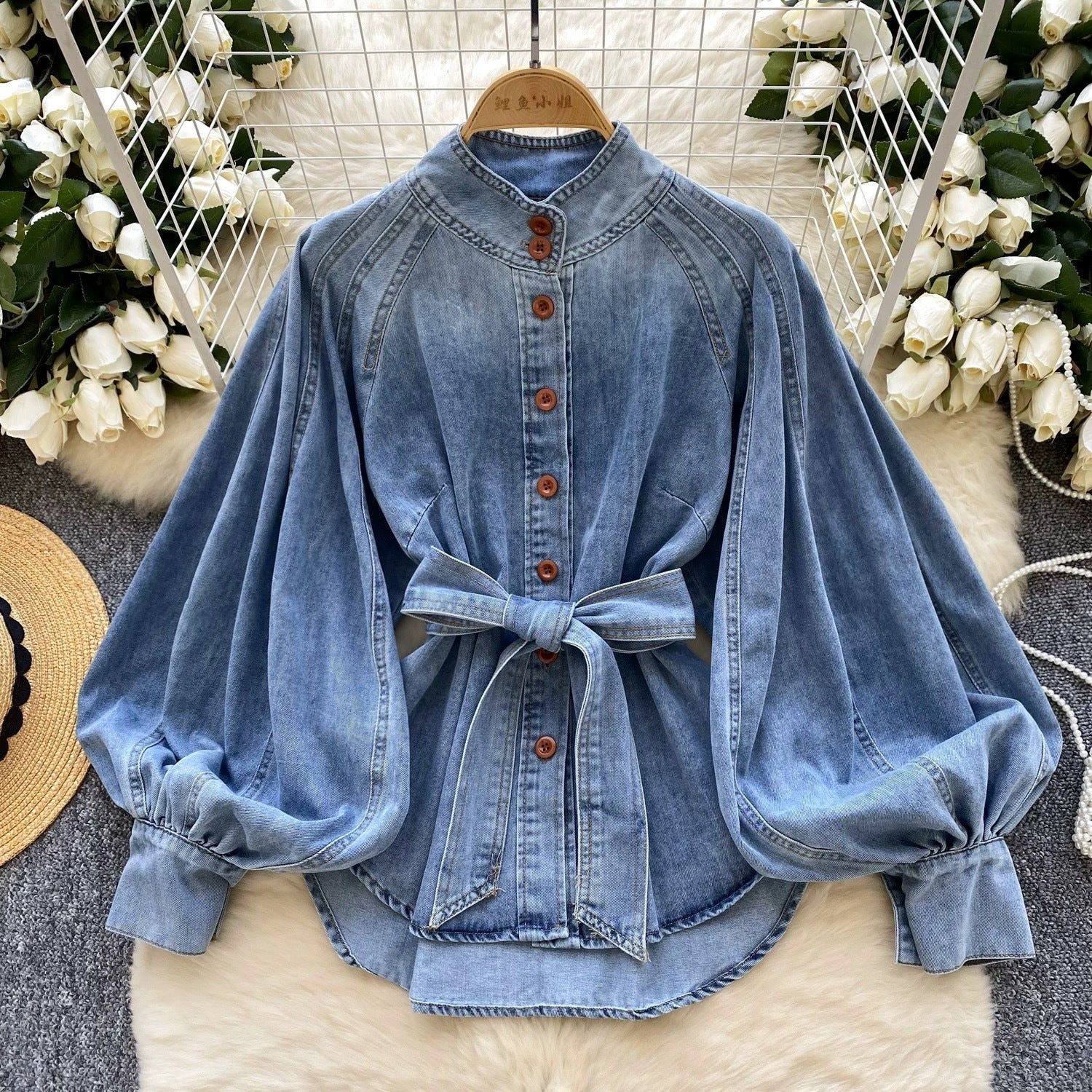 Retro Lace-Up Waist-Control Denim Top with Stand-Up Collar and Puff Sleeves
