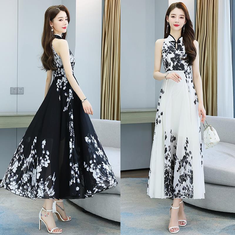 Robe en polyester à imprimé encre de style chinois pour femmes