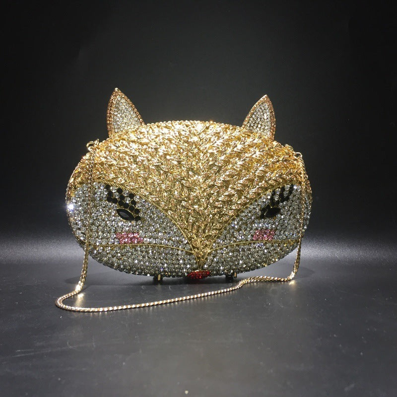 Gold Fox Rhinestone Hollow Metal Crystal Dinner Bag 21cm