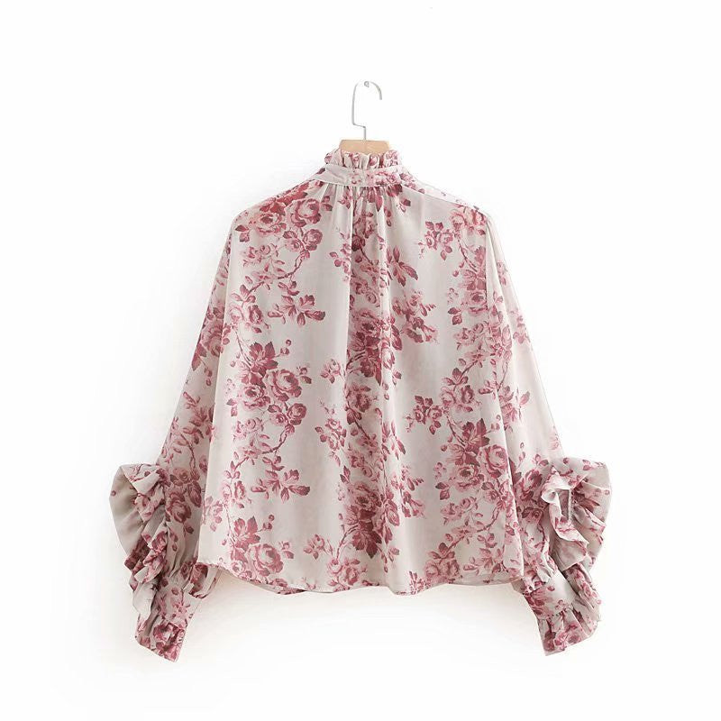 Chiffon Buttoned Ruffle Print Shirt