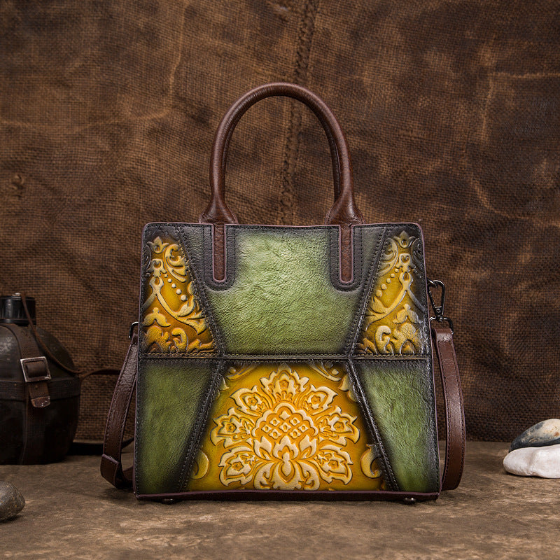 Retro High Leather Hand-Painted Embossed Tree Handbag 25cm