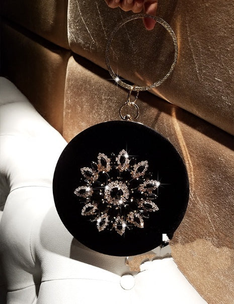 LOLIBOX Pochette de soirée ronde en velours pour femme avec poignée anneau diamant pour fête