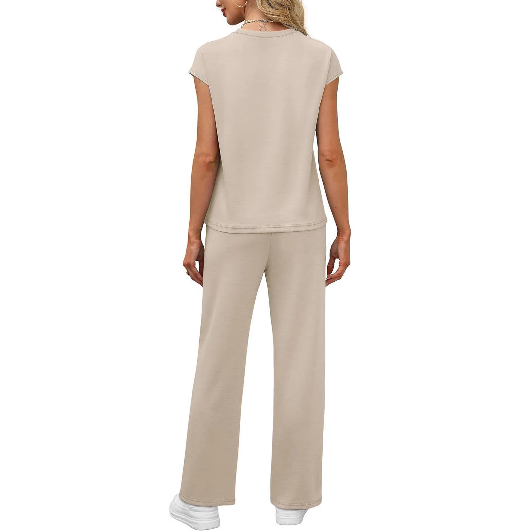 Round Neck Loose Short Sleeves Pocket Two-piece Pants Casual Suit