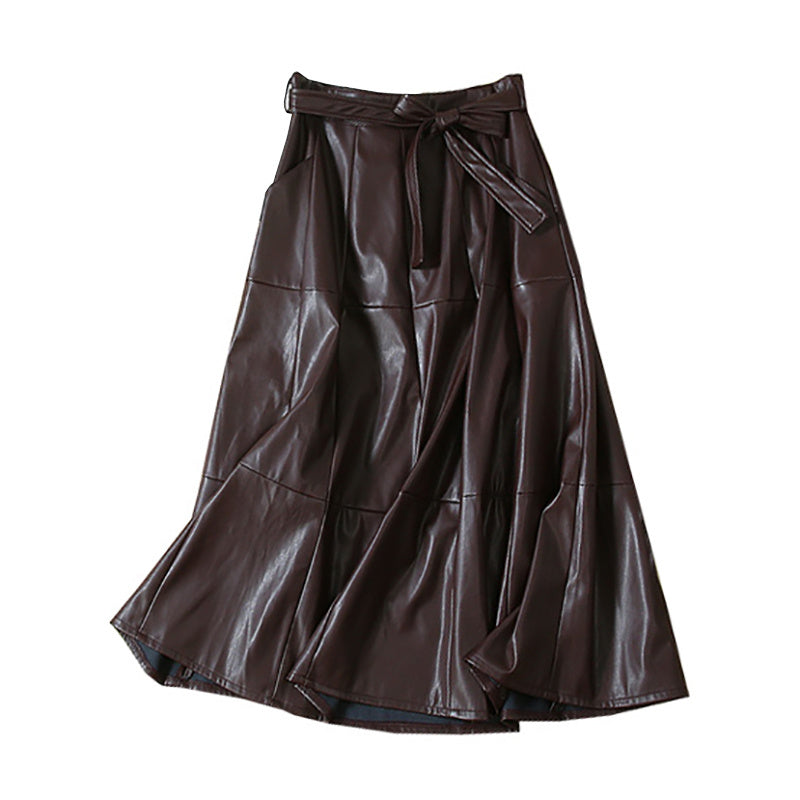 jupe longue trapèze taille haute en similicuir PU