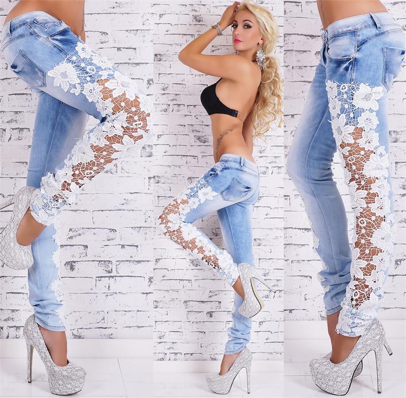 Dark Denim Lace Jeans with Stretch Cotton Spandex Blend