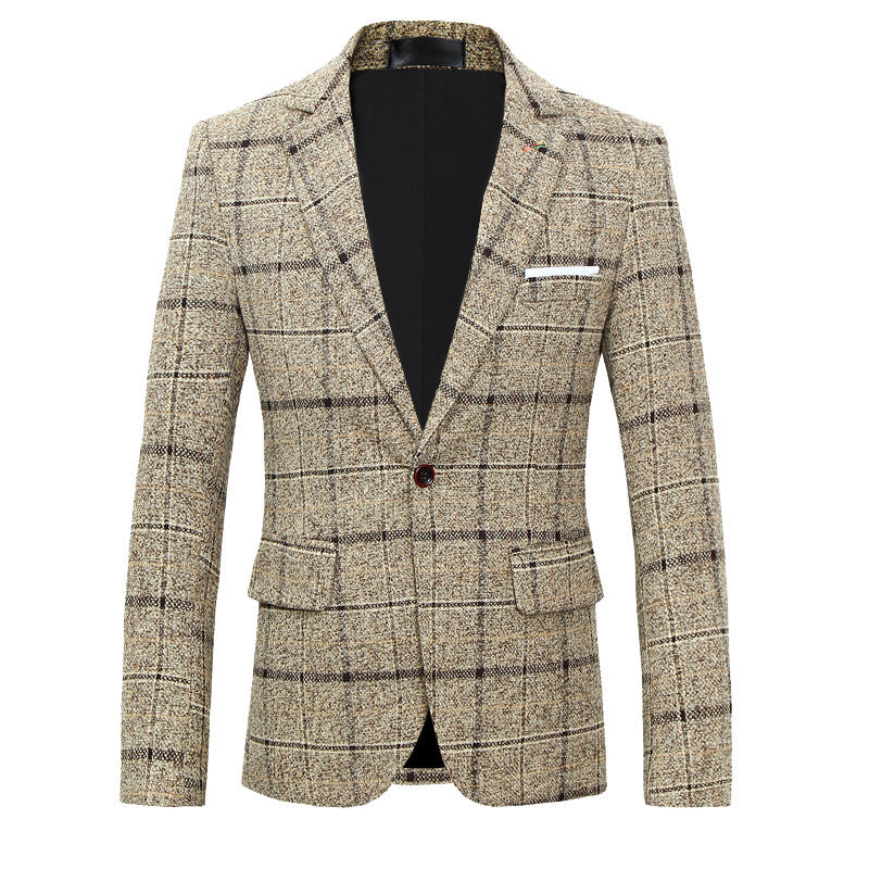 Men's Slim Fit Woolen Plaid Suit Jacket with Lapel Collar