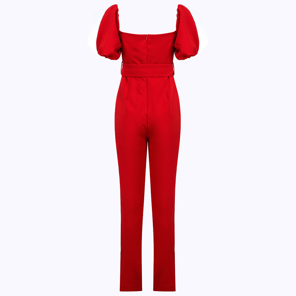 V Puff Sleeve Skinny Slim Hip Cover Jumpsuit