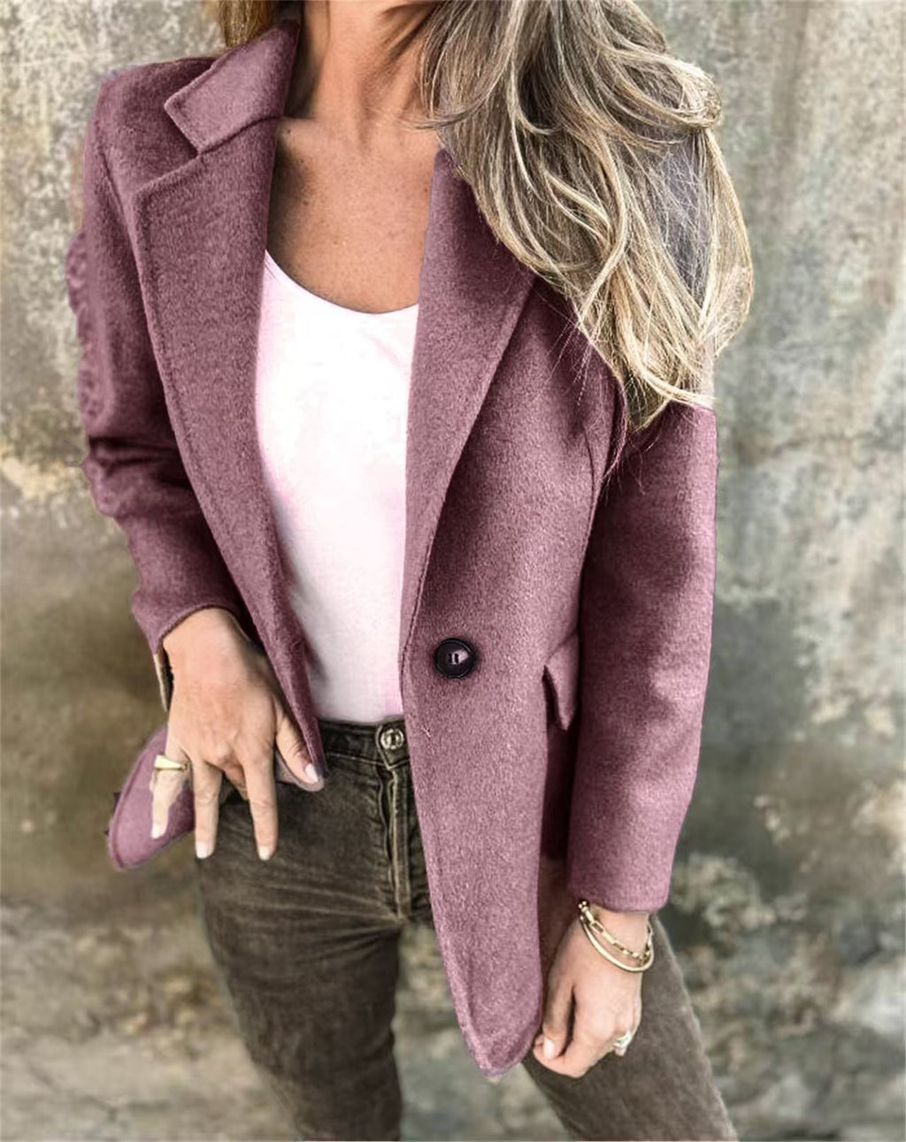 Women's Short Button Lapel Woolen Blazer Winter Commuter Jacket