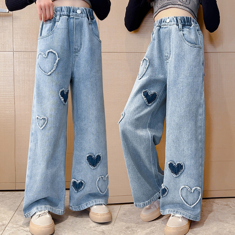 Girls' Blue Raw Edge Denim Wide-Leg Pants