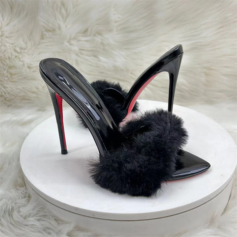 12cm Black PU Pointed Toe Stiletto High Heels Open Toe