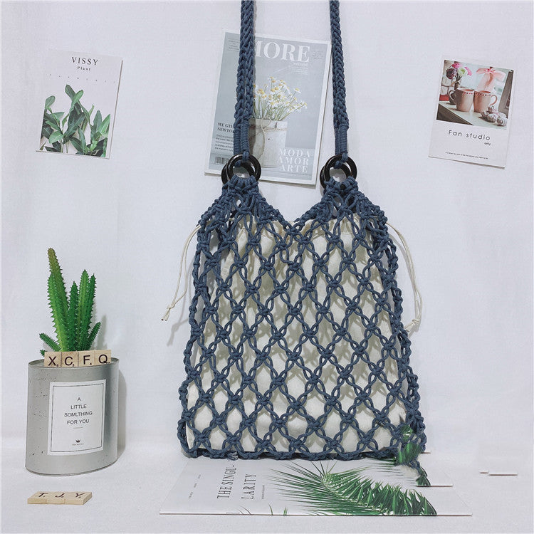 Women’s One Shoulder Straw Beach Bag with Drawstring Closure