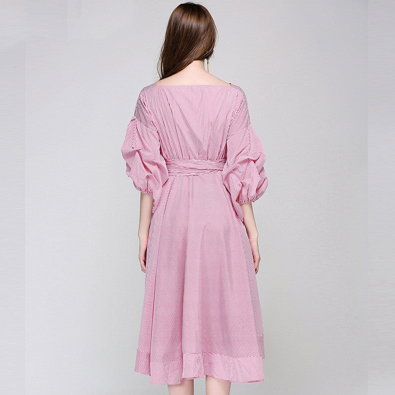 V-Neck Lace-Up Stripe Dress in Pink & Navy, S-XL