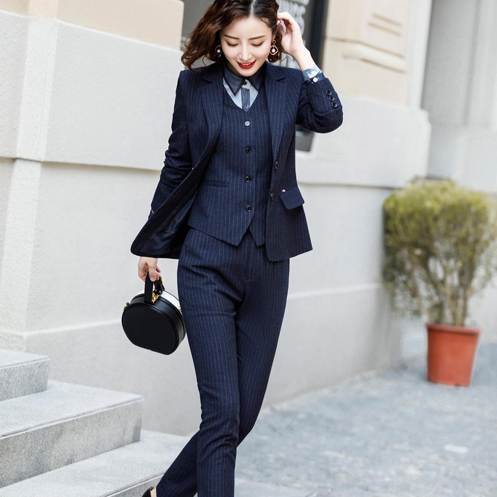Female Blue Striped Polyester Small Suit Formal Workwear