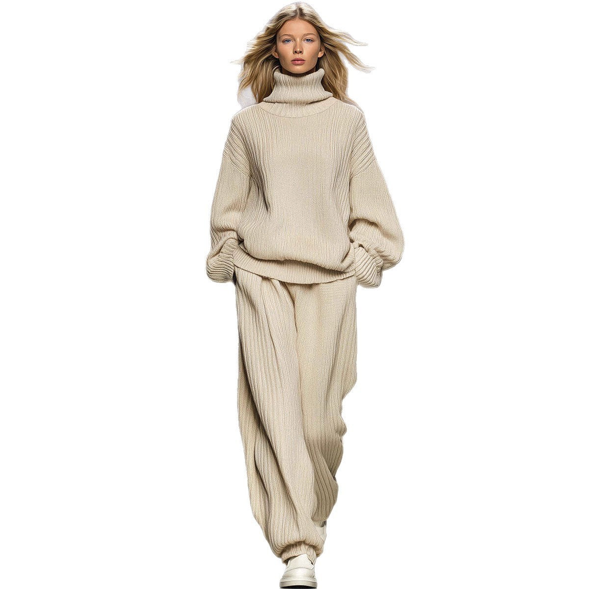 Ensemble Femme Pull Col Roulé Ample et Pantalon Large Tricoté
