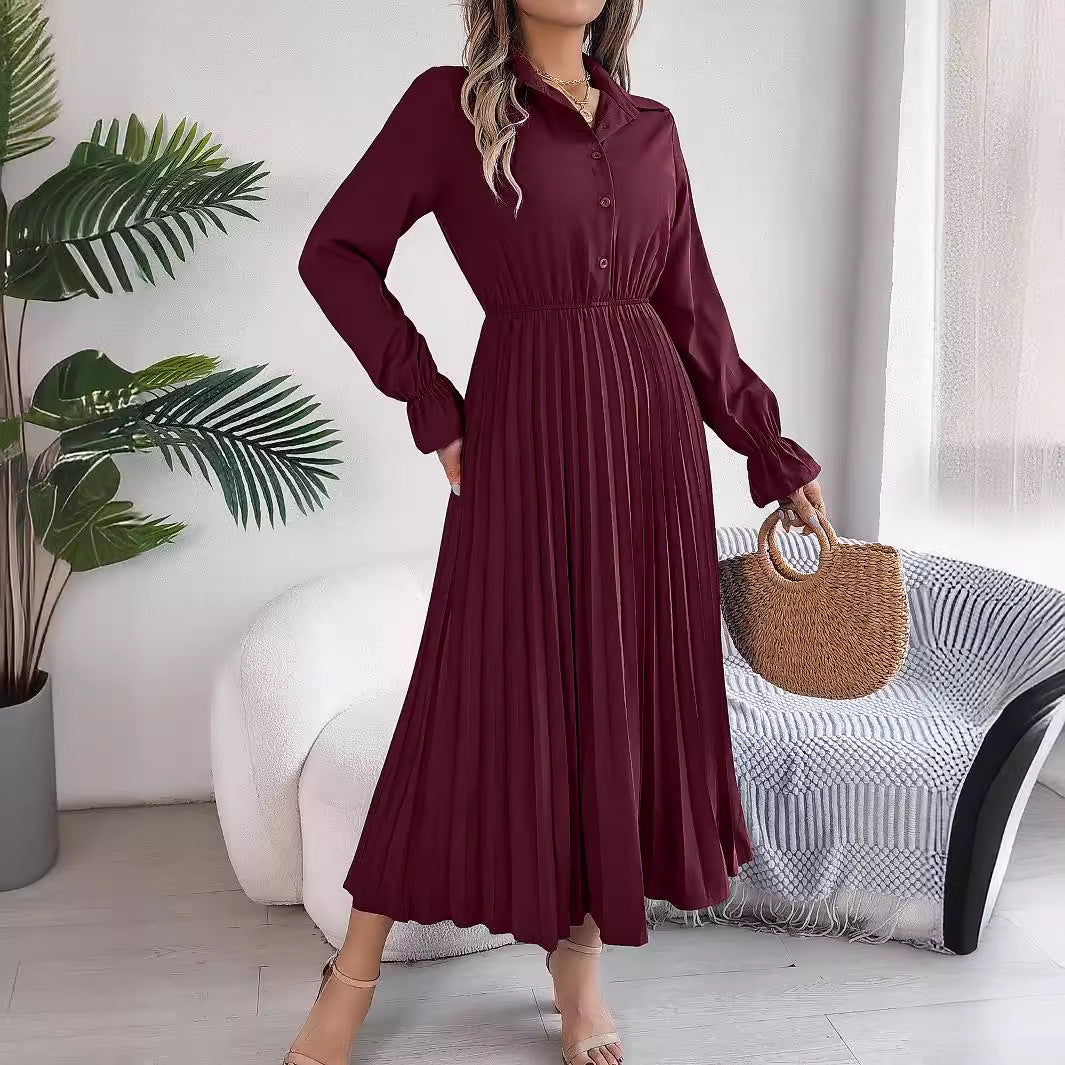 Autumn & Spring Long Sleeve Pleated Dress with Lapel and Button