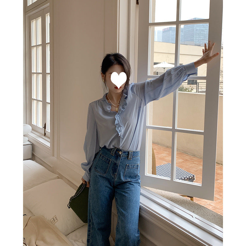 French Chic Stand Collar Puff Sleeve Shirt for Spring and Autumn