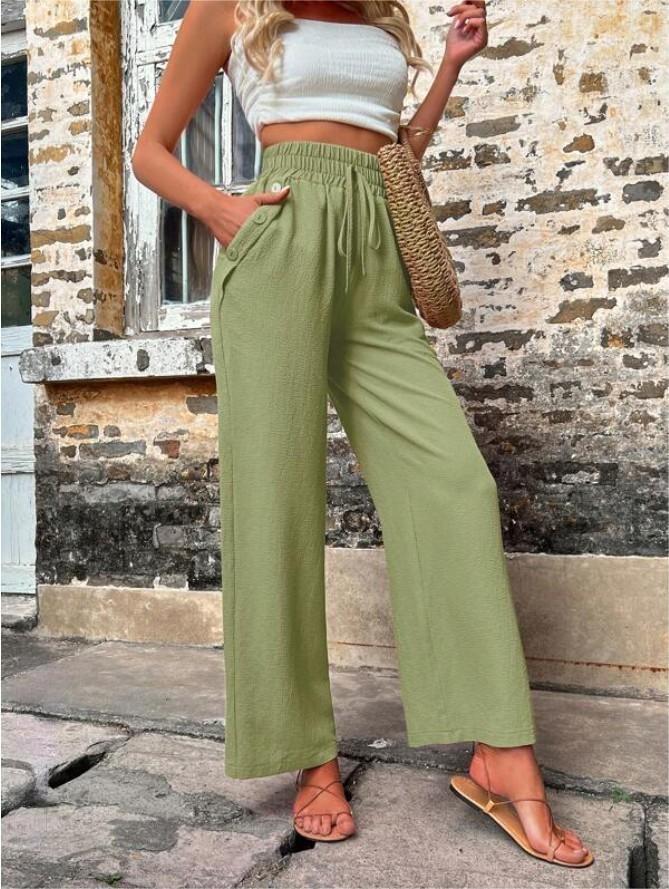 High Waist Casual Women's Pants with Elastic Drawstring & Pockets