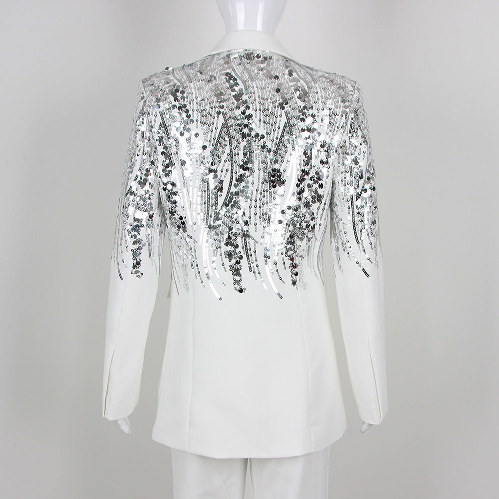 Ensemble deux pièces pour femme : pantalon ample et haut à sequins blancs