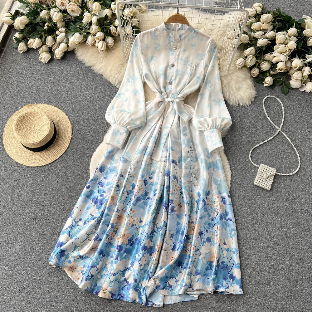 Stand Collar Stitching Floral Chiffon Dress