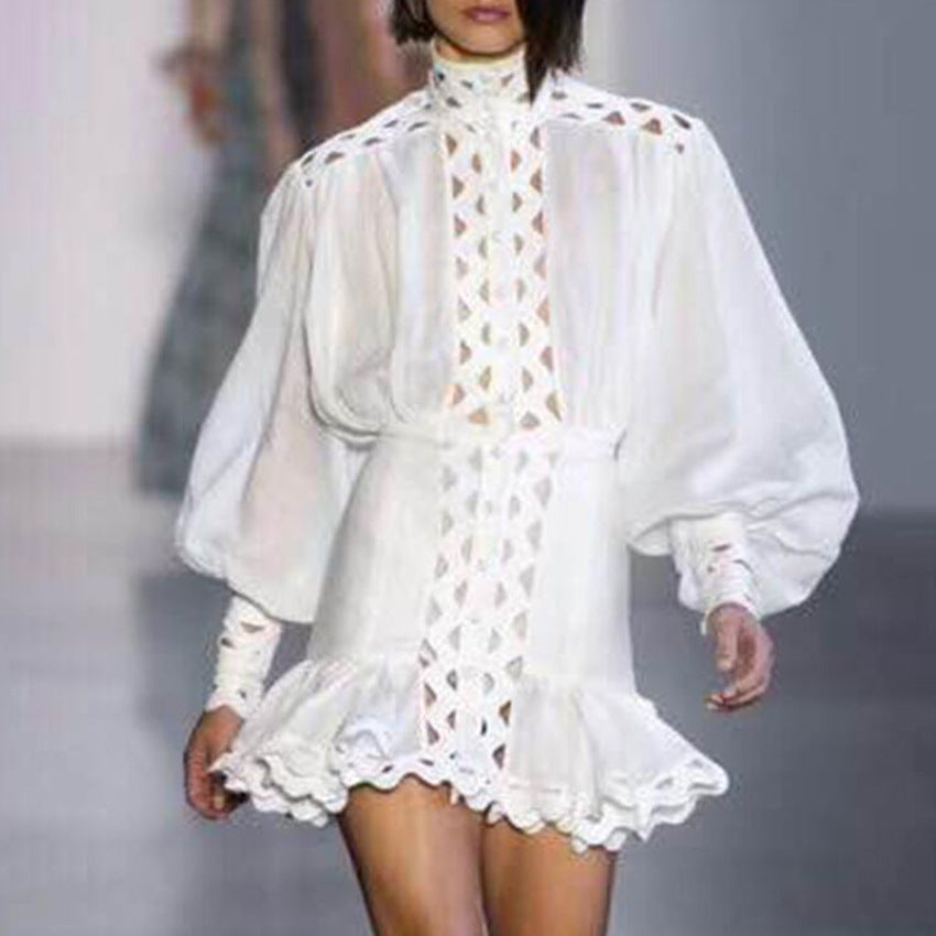 Stand collar cutout ruffled dress