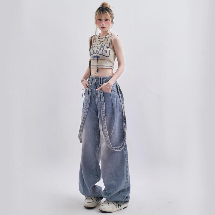 Pantalon en jean délavé décontracté avec motif ruban rétro