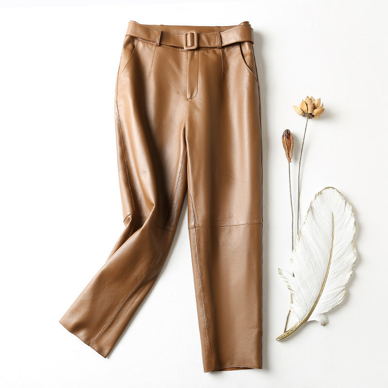 High-Waisted Genuine Sheepskin Leather Straight Pants with Belt