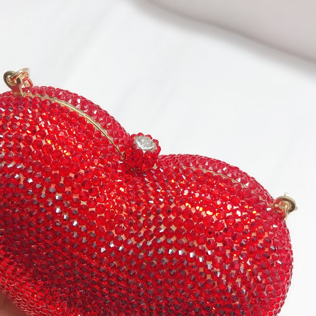 Sac de soirée mini cœur rouge en diamant avec bandoulière chaîne