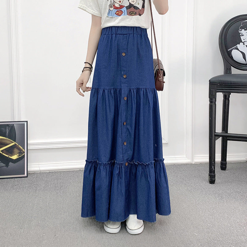 Vintage Minimalist High Waist A-Line Denim Skirt in Light & Deep Blue