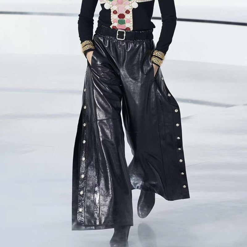 Sexy High-Waist PU Leather Wide-Leg Pants with Side Button Split