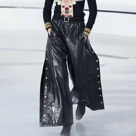 Sexy side button split PU leather wide-leg pants