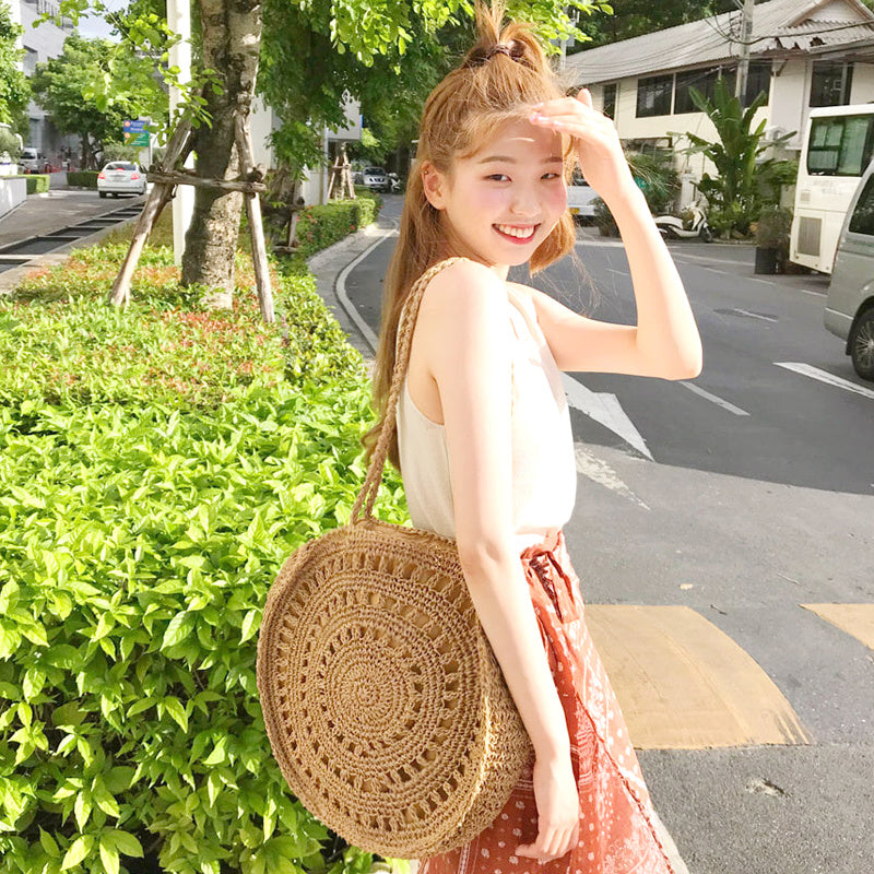 Sac de plage tissé en paille souple avec fermeture éclair et poche pour téléphone portable