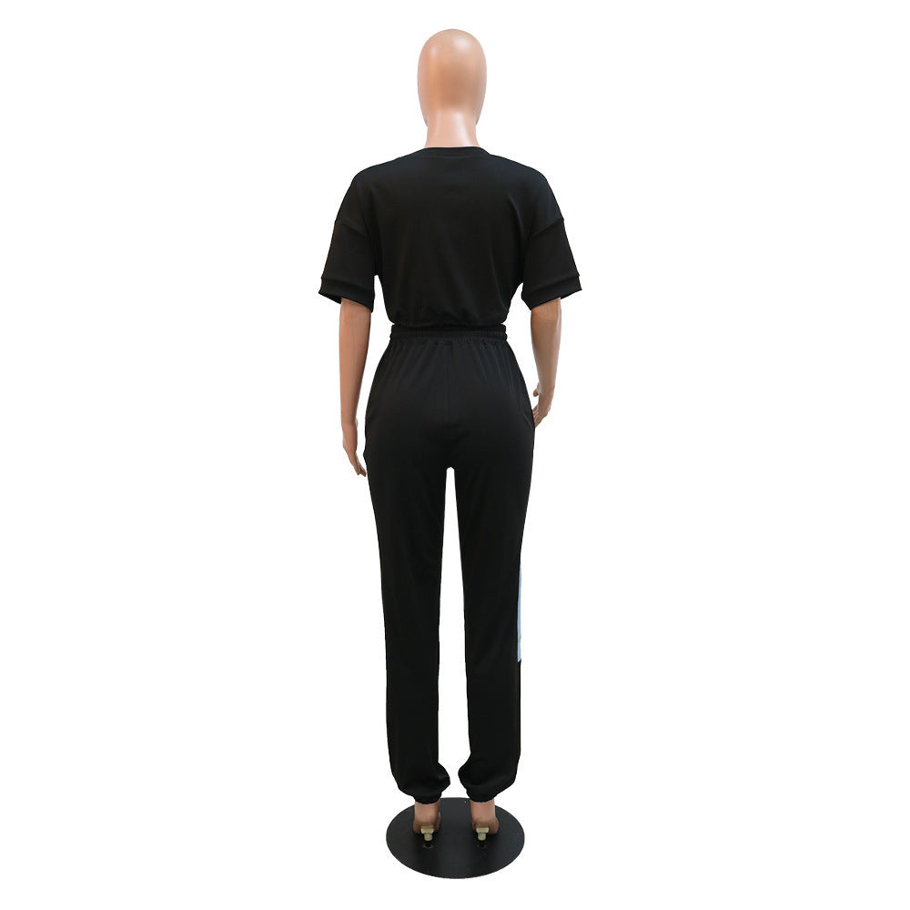 Casual Denim Stitching Tops Pants Suit Female Two-piece