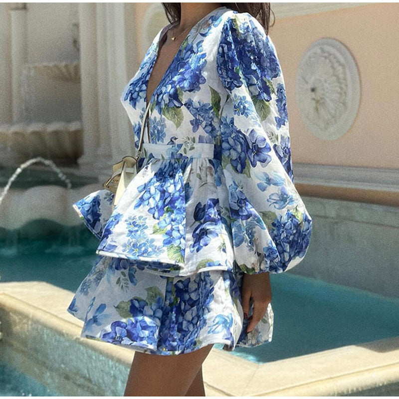 Robe trapèze femme bleue, col V, slim, imprimée, à volants et manches longues, tailles S-L