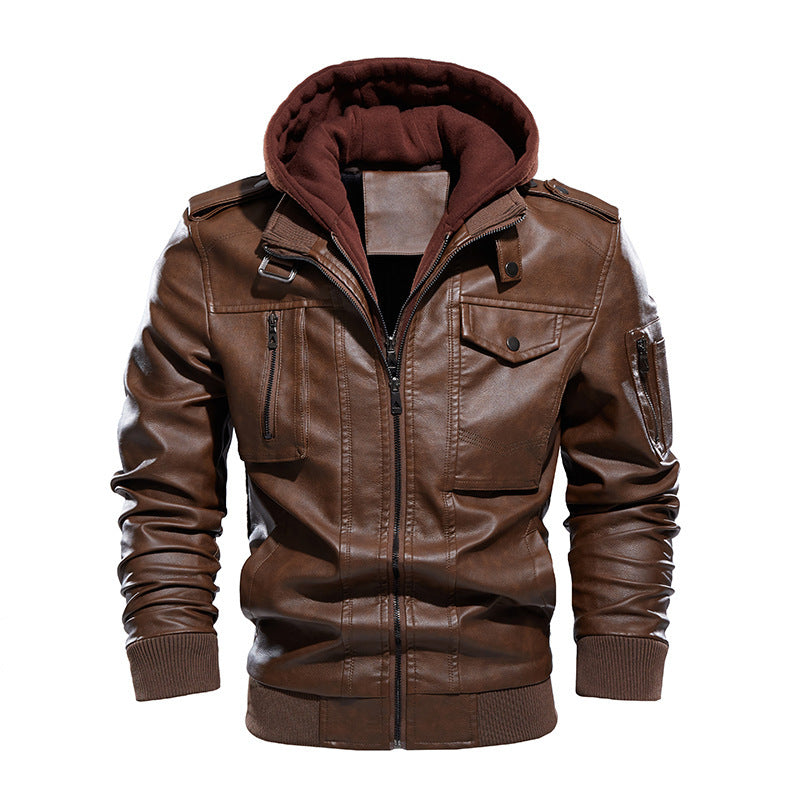 Men's Washed PU Leather Jacket with Removable Hood and Zipper Closure