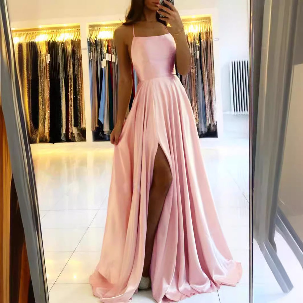 Long Slim Strap Backless Dress with High Slit for Dance and Hosting