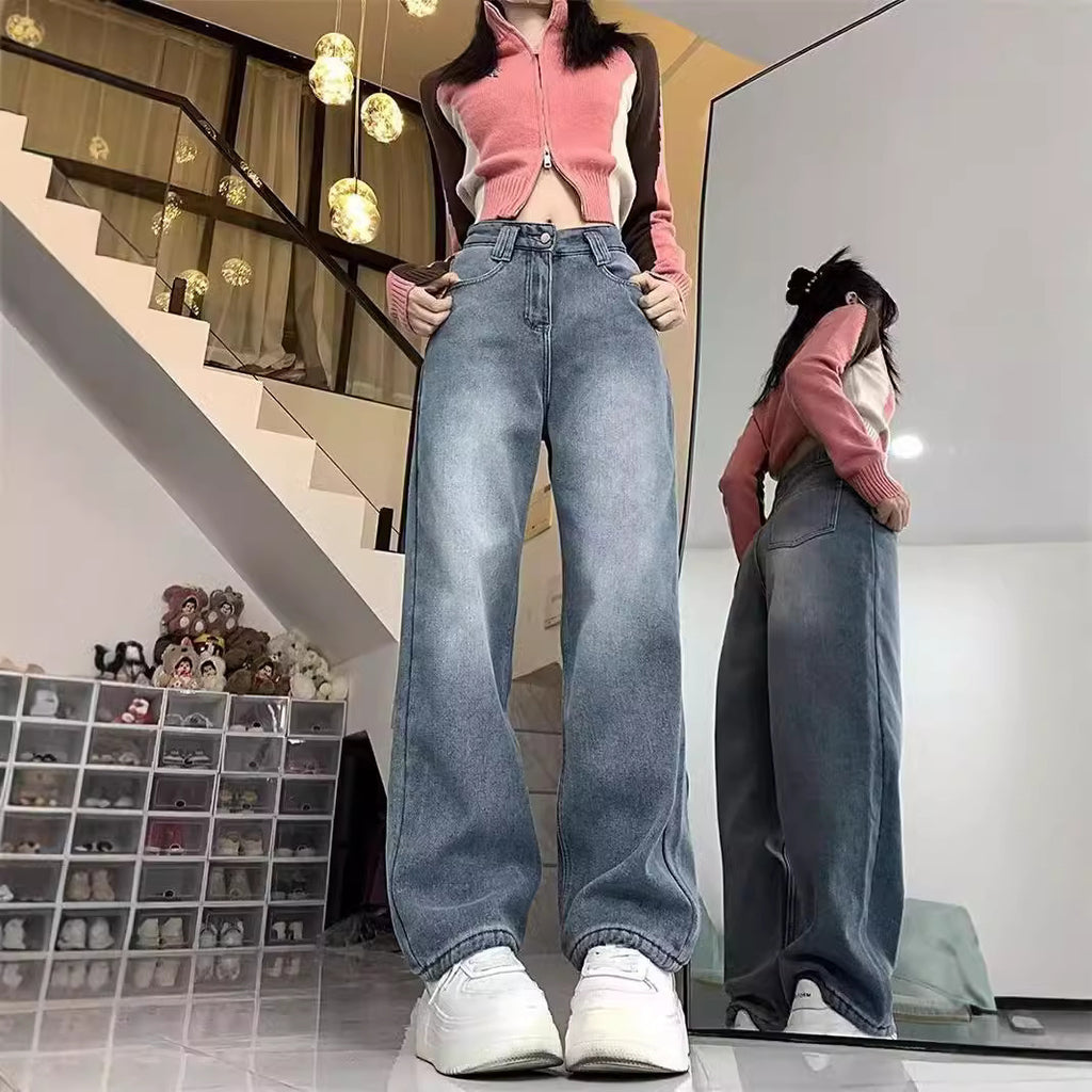 Jean droit taille haute doublé polaire pour femme