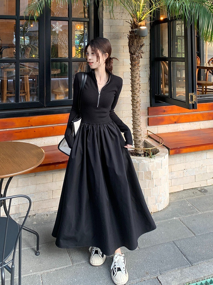 Fashionable Black Knitted A-Line Dress for Women