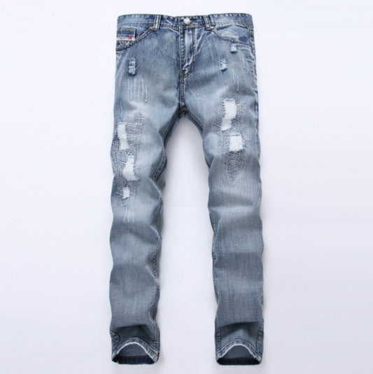 Light Blue Slim Fit Distressed Denim Joggers Male Plus Size Jean Trousers