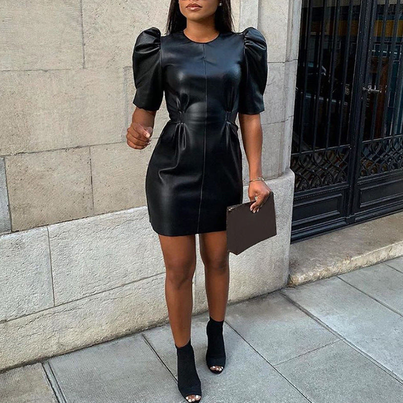 Lantern Sleeve Round Neck PU Leather Waist Skirt