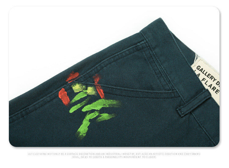 Hand Painted Graffiti Splash Ink High Waist Distressed Wide Leg Jeans Blue M-XXL