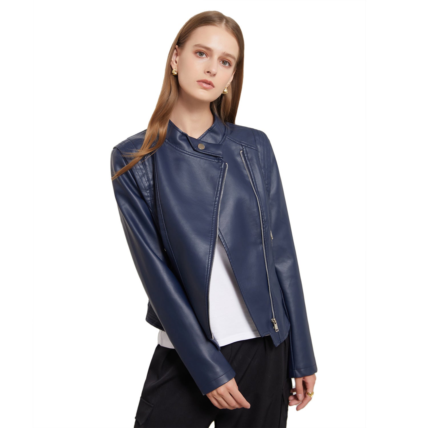 Women’s Slim-Fit PU Lapel Leather Coat with Pockets