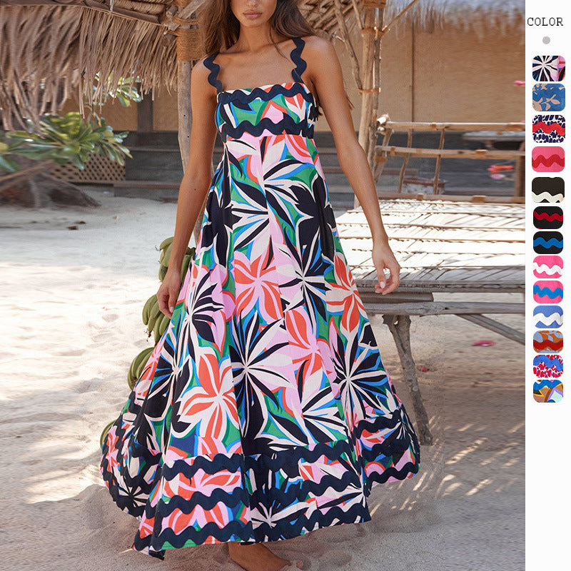 Women’s Flowers Print Wavy Pattern Suspender A-Line Beach Dress