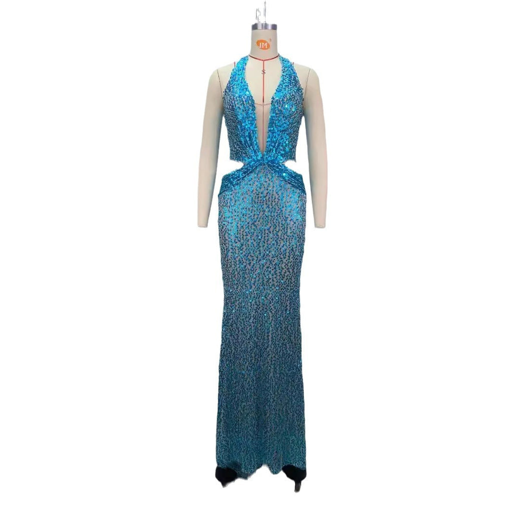 Sky Blue Halter Deep V-Neck Slimming Sequin Evening Dress S-L