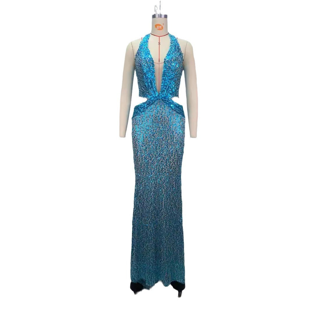 Sky Blue Halter Deep V-Neck Slimming Sequin Evening Dress S-L