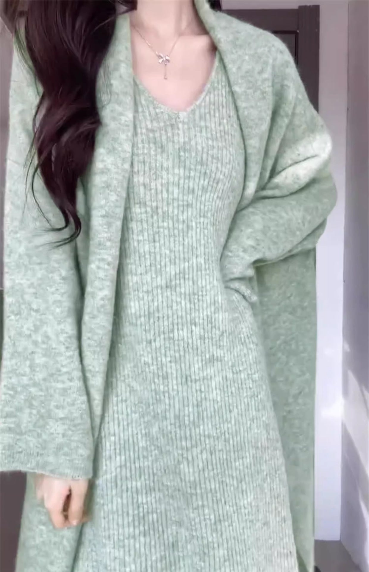 Women's Sling Knitted Dress Sweater Cardigan Night Skirt Suit