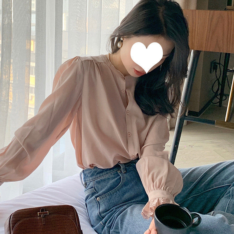 French Chic Stand Collar Puff Sleeve Shirt for Spring and Autumn