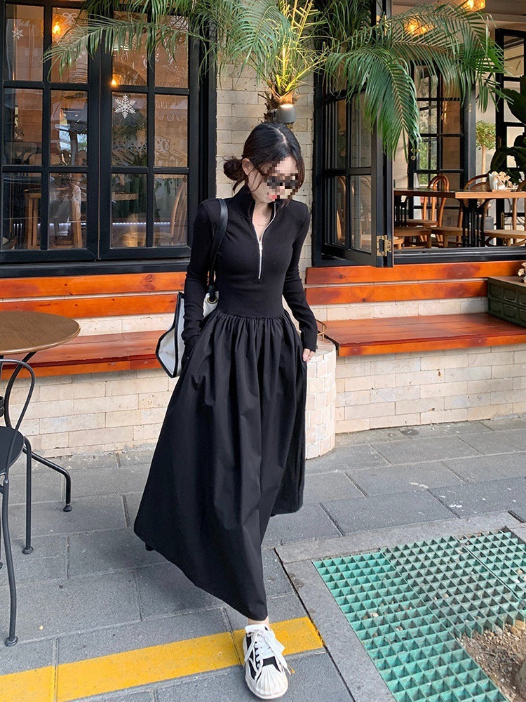Fashionable Black Knitted A-Line Dress for Women
