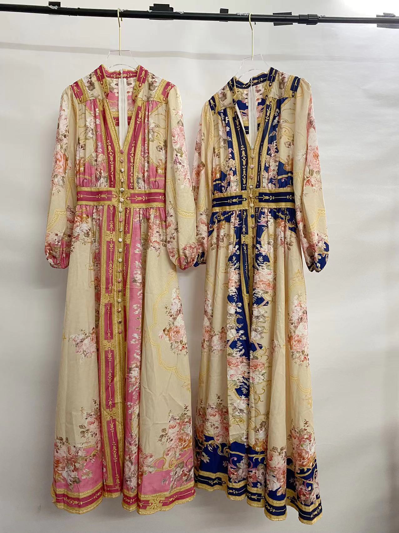 Vintage Printed Linen Single-Breasted Long Sleeve Dress in Blue, Green, Dark Blue, Pink