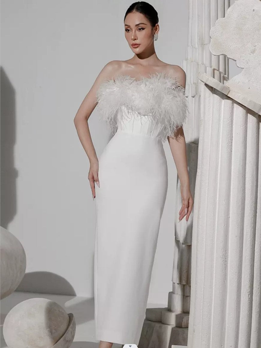 Light Luxury White Collarless Tassel Wrap Hip Evening Dress